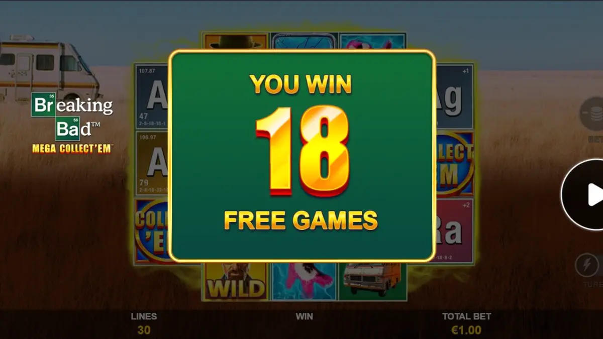 Tampilan antarmuka mobile slot Breaking Bad Mega Collect’Em dengan latar belakang gurun New Mexico.