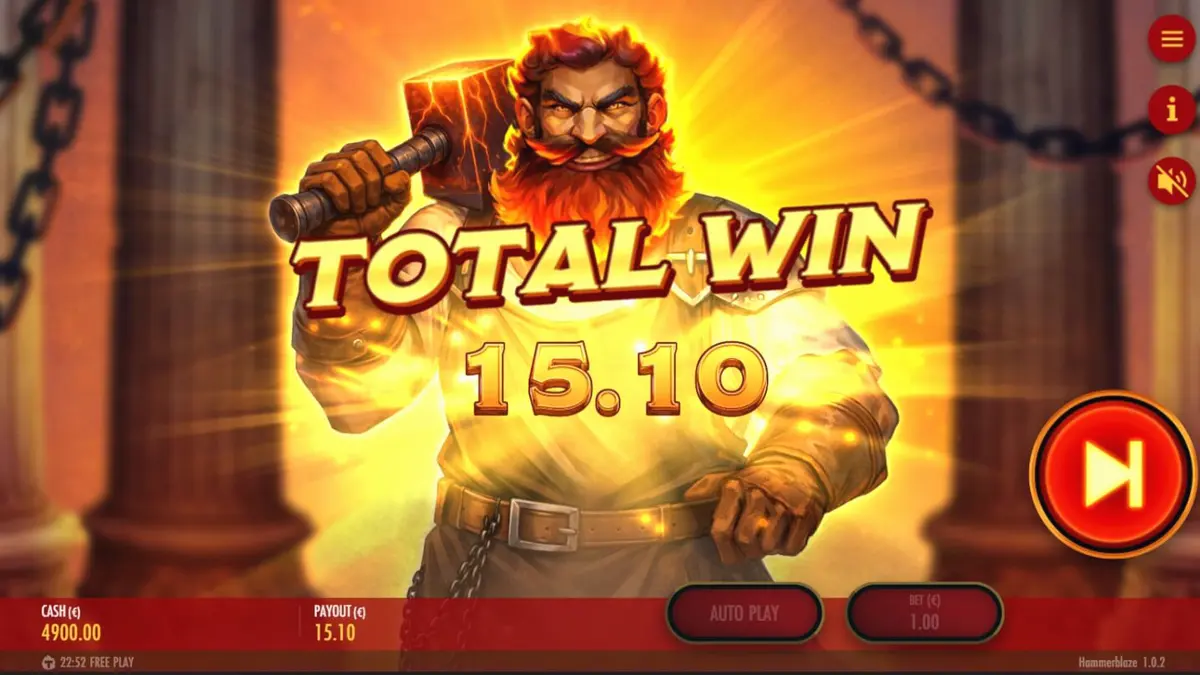 Tampilan visual grid 7x7 slot Hammerblaze dengan latar belakang bengkel dewa yang membara
