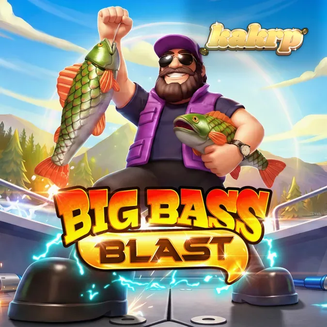 Tampilan visual slot Big Bass Blast dengan nuansa elektrik dan simbol memancing.